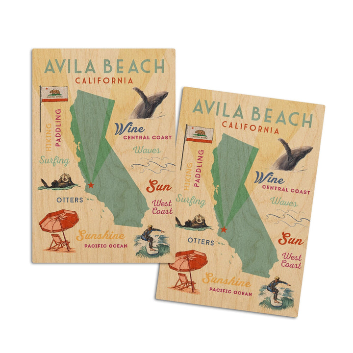 Avila Beach, California, Typography & Icons, Lantern Press Artwork, Wood Signs and Postcards Wood Lantern Press 4x6 Wood Postcard Set 