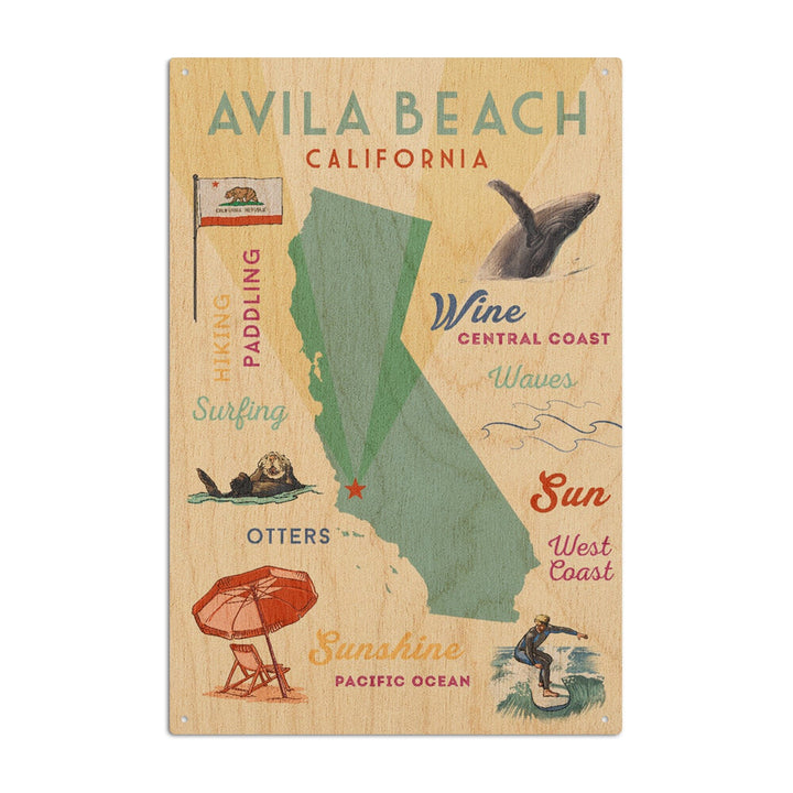 Avila Beach, California, Typography & Icons, Lantern Press Artwork, Wood Signs and Postcards Wood Lantern Press 6x9 Wood Sign 