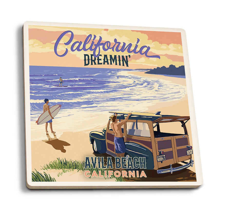 Avila Beach, California, Woody on Beach, California Dreamin, Lantern Press Artwork, Coaster Set Coasters Lantern Press 