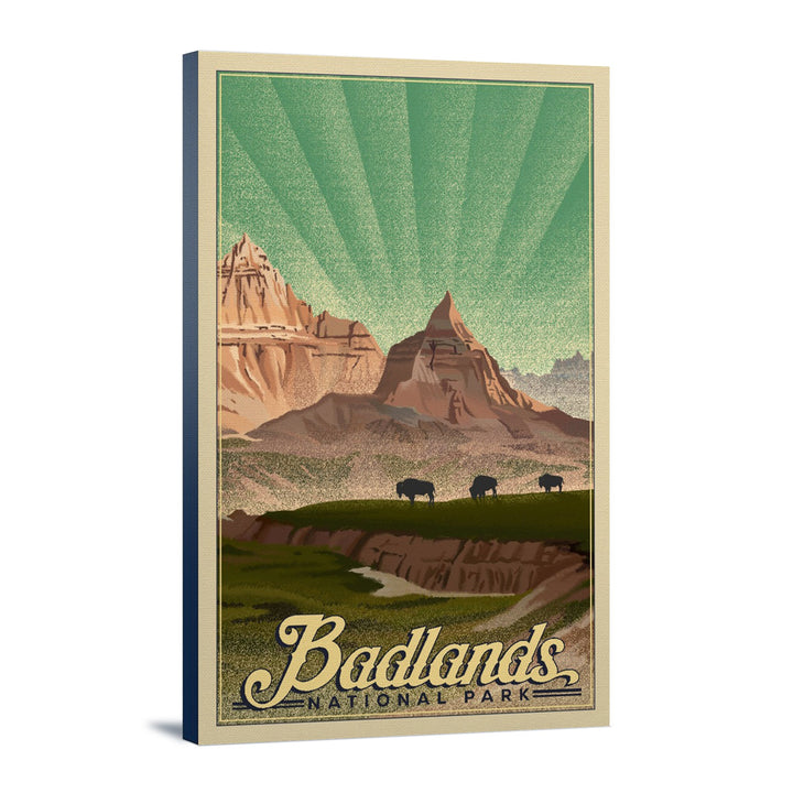 Badlands National Park, South Dakota, Bison in the Park, Lithograph National Park Series, Lantern Press Artwork, Stretched Canvas Canvas Lantern Press 12x18 Stretched Canvas 