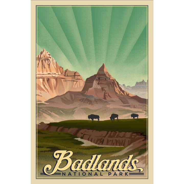 Badlands National Park, South Dakota, Bison in the Park, Lithograph National Park Series, Lantern Press Artwork, Stretched Canvas Canvas Lantern Press 
