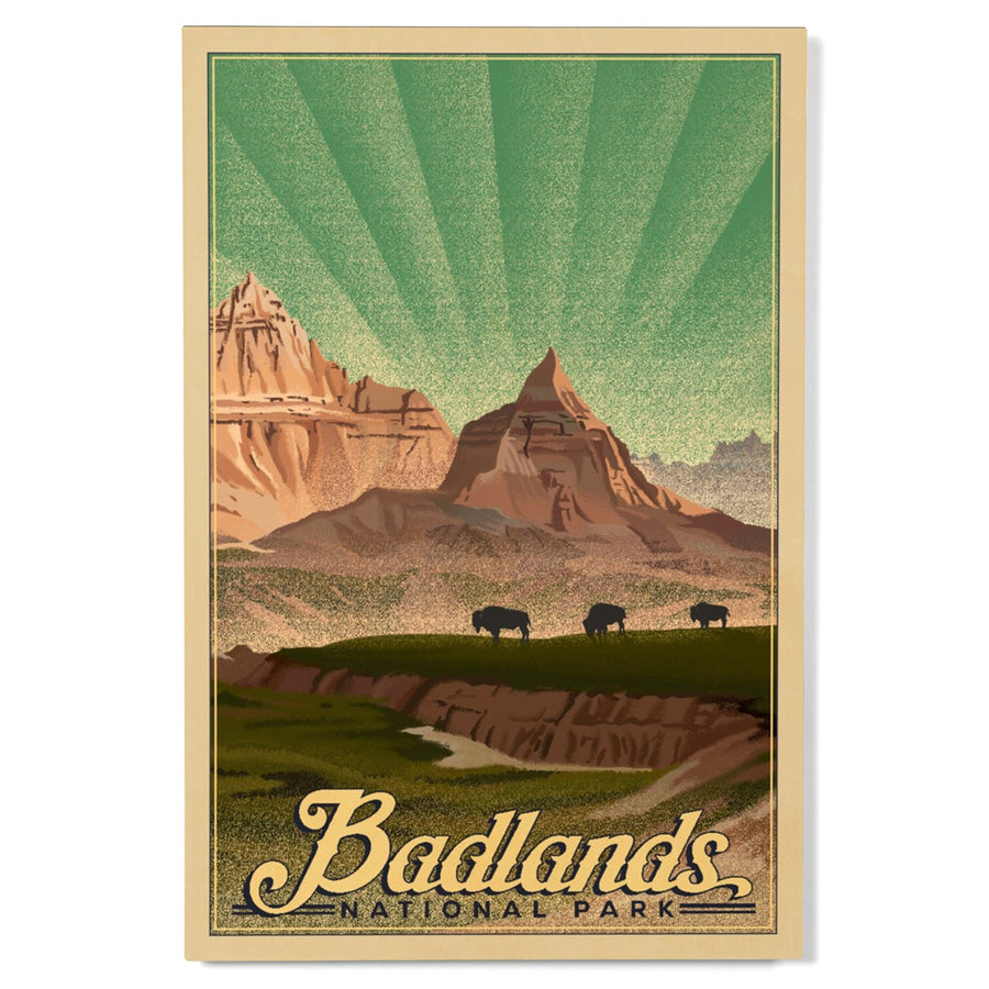 Badlands National Park, South Dakota, Bison in the Park, Lithograph National Park Series, Lantern Press Artwork, Wood Signs and Postcards Wood Lantern Press 