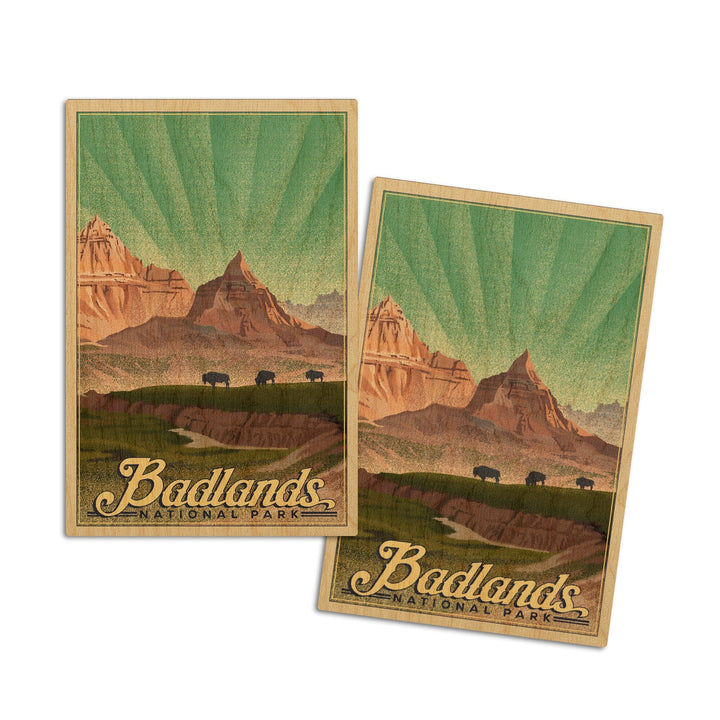 Badlands National Park, South Dakota, Bison in the Park, Lithograph National Park Series, Lantern Press Artwork, Wood Signs and Postcards Wood Lantern Press 4x6 Wood Postcard Set 