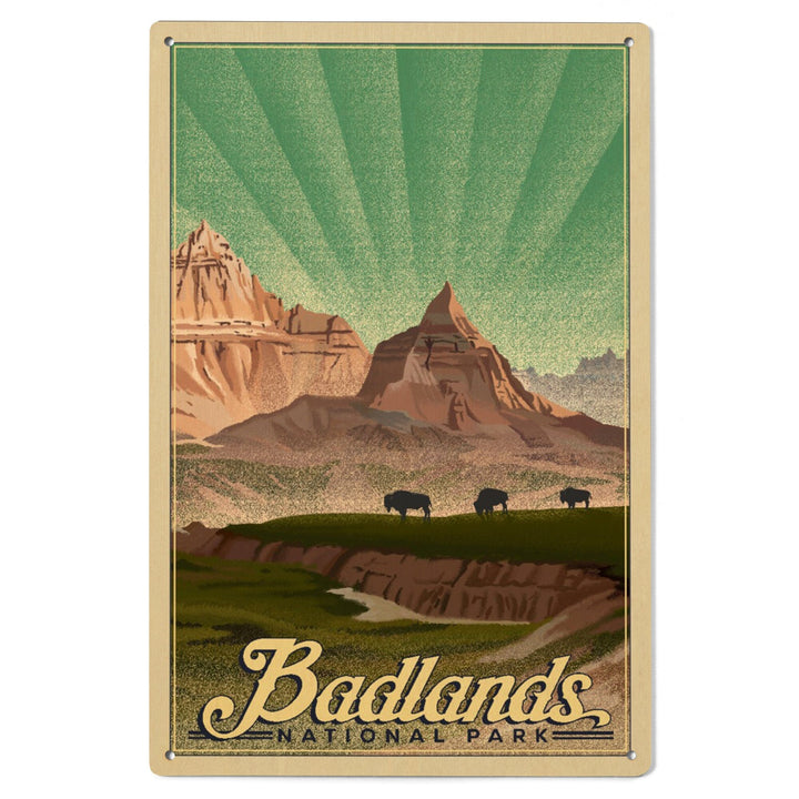 Badlands National Park, South Dakota, Bison in the Park, Lithograph National Park Series, Lantern Press Artwork, Wood Signs and Postcards Wood Lantern Press 