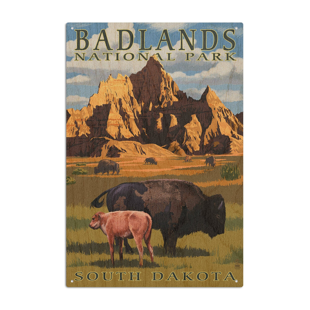 Badlands National Park, South Dakota, Bison Scene, Painterly Series, Lantern Press Artwork, Wood Signs and Postcards Wood Lantern Press 10 x 15 Wood Sign 
