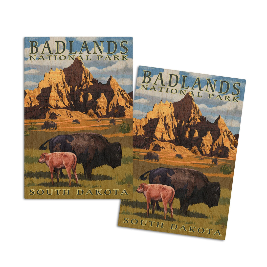 Badlands National Park, South Dakota, Bison Scene, Painterly Series, Lantern Press Artwork, Wood Signs and Postcards Wood Lantern Press 4x6 Wood Postcard Set 