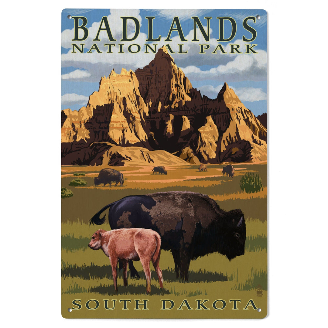 Badlands National Park, South Dakota, Bison Scene, Painterly Series, Lantern Press Artwork, Wood Signs and Postcards Wood Lantern Press 