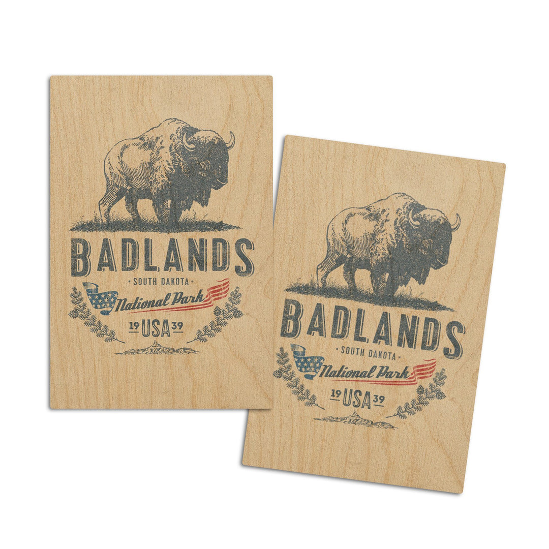 Badlands National Park, South Dakota, Buffalo, Contour, Wood Signs and Postcards Wood Lantern Press 4x6 Wood Postcard Set 