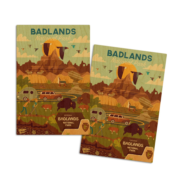 Badlands National Park, South Dakota, Geometric National Park Series, Lantern Press Artwork, Wood Signs and Postcards Wood Lantern Press 4x6 Wood Postcard Set 
