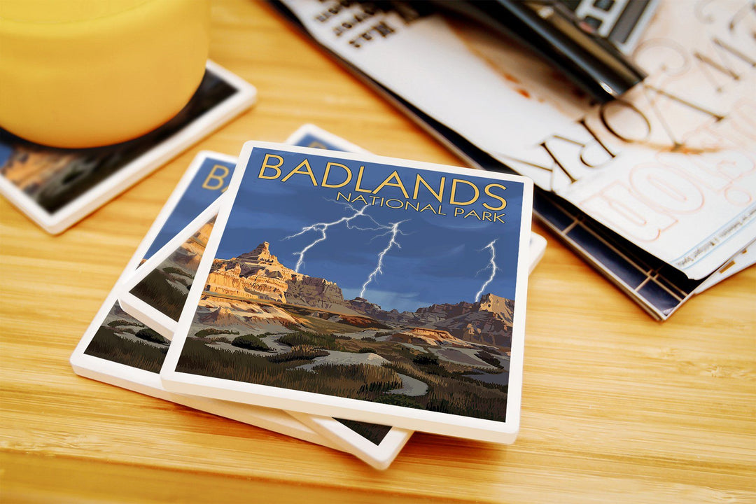 Badlands National Park, South Dakota, Lightning Storm, Lantern Press Artwork, Coaster Set Coasters Lantern Press 