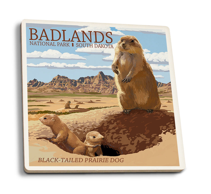 Badlands National Park, South Dakota, Prairie Dogs, Lantern Press Artwork, Coaster Set Coasters Lantern Press 
