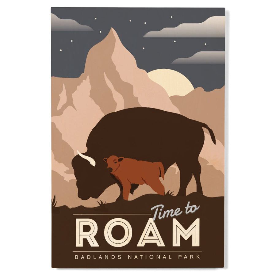 Badlands National Park, South Dakota, Time To Roam, Bison and Calf, Night Scene, Lantern Press Artwork, Wood Signs and Postcards Wood Lantern Press 
