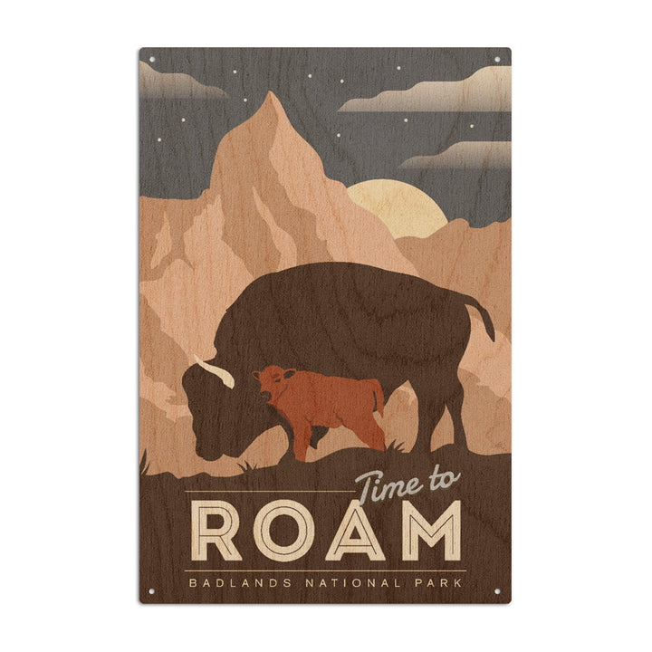 Badlands National Park, South Dakota, Time To Roam, Bison and Calf, Night Scene, Lantern Press Artwork, Wood Signs and Postcards Wood Lantern Press 6x9 Wood Sign 