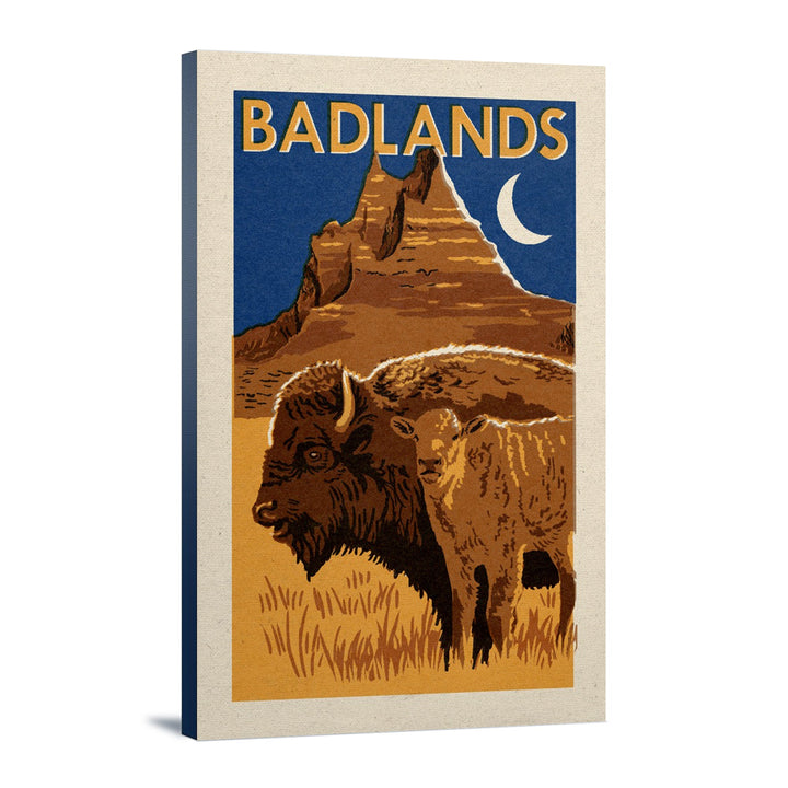 Badlands National Park, Woodblock, Lantern Press Artwork, Stretched Canvas Canvas Lantern Press 12x18 Stretched Canvas 