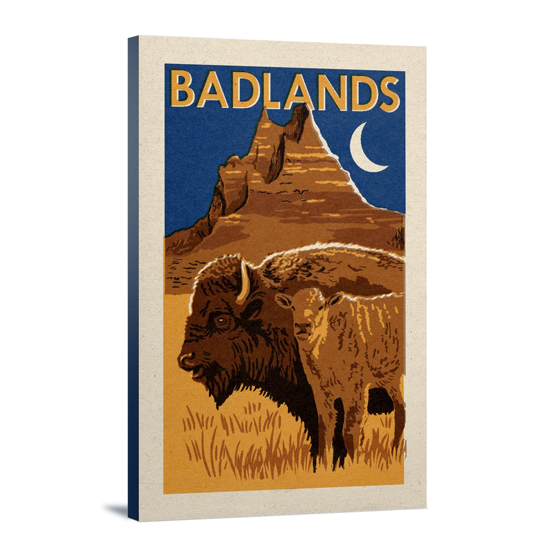 Badlands National Park, Woodblock, Lantern Press Artwork, Stretched Canvas Canvas Lantern Press 24x36 Stretched Canvas 