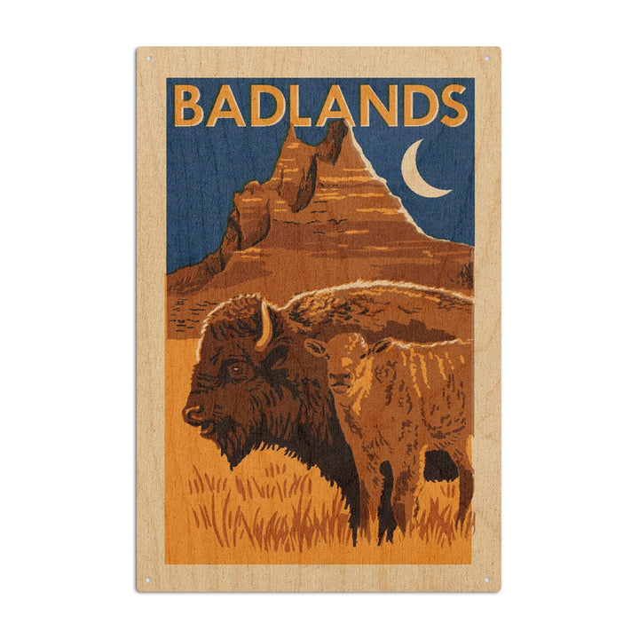 Badlands National Park, Woodblock, Lantern Press Artwork, Wood Signs and Postcards Wood Lantern Press 10 x 15 Wood Sign 