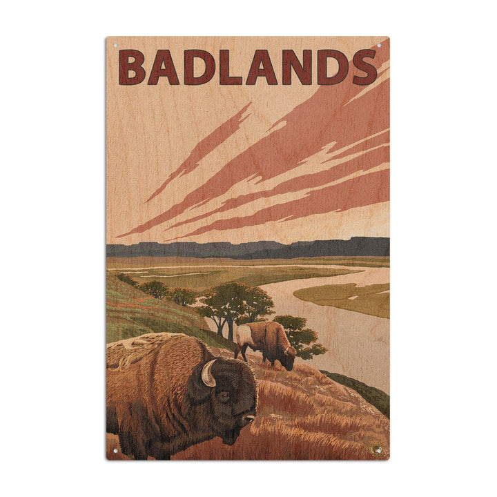 Badlands, North Dakota, Bison and Buttes, Lantern Press Artwork, Wood Signs and Postcards Wood Lantern Press 10 x 15 Wood Sign 