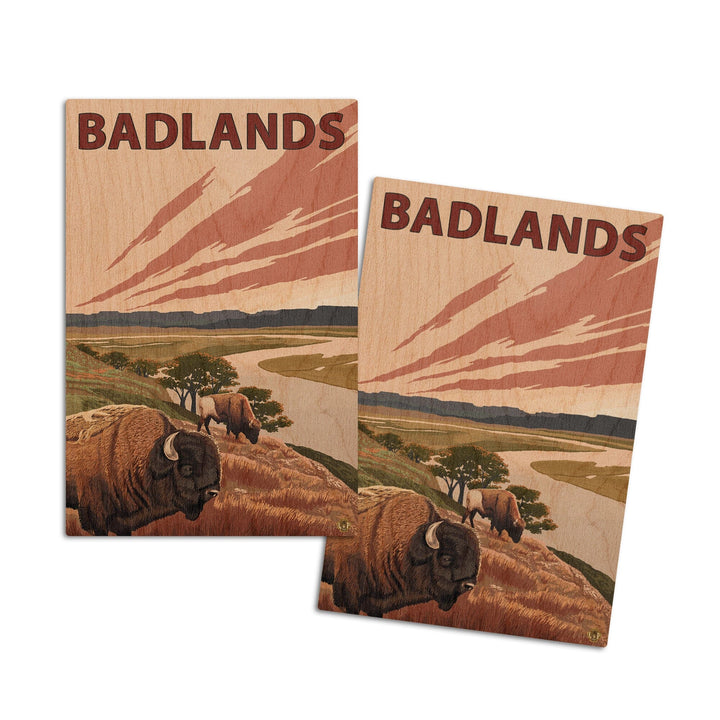 Badlands, North Dakota, Bison and Buttes, Lantern Press Artwork, Wood Signs and Postcards Wood Lantern Press 4x6 Wood Postcard Set 