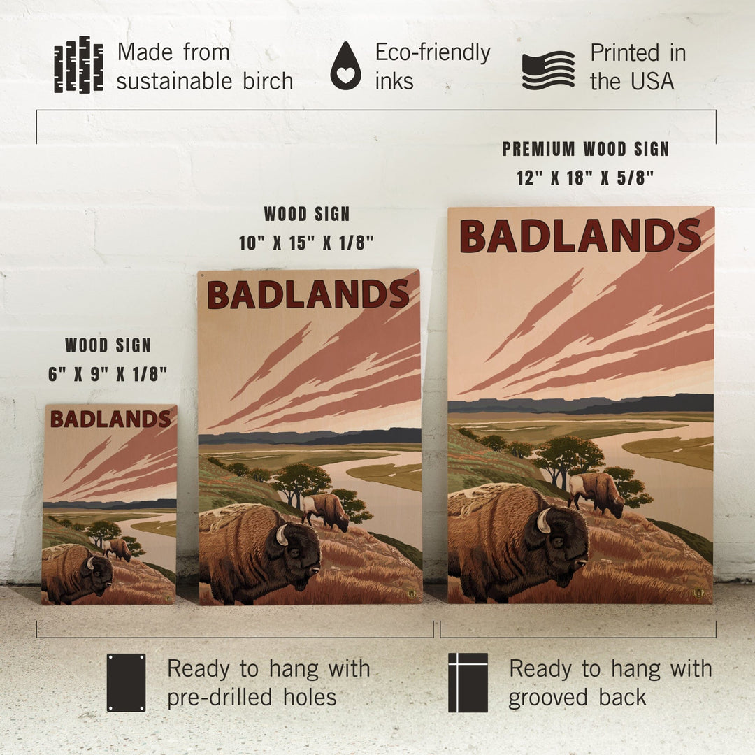Badlands, North Dakota, Bison and Buttes, Lantern Press Artwork, Wood Signs and Postcards Wood Lantern Press 