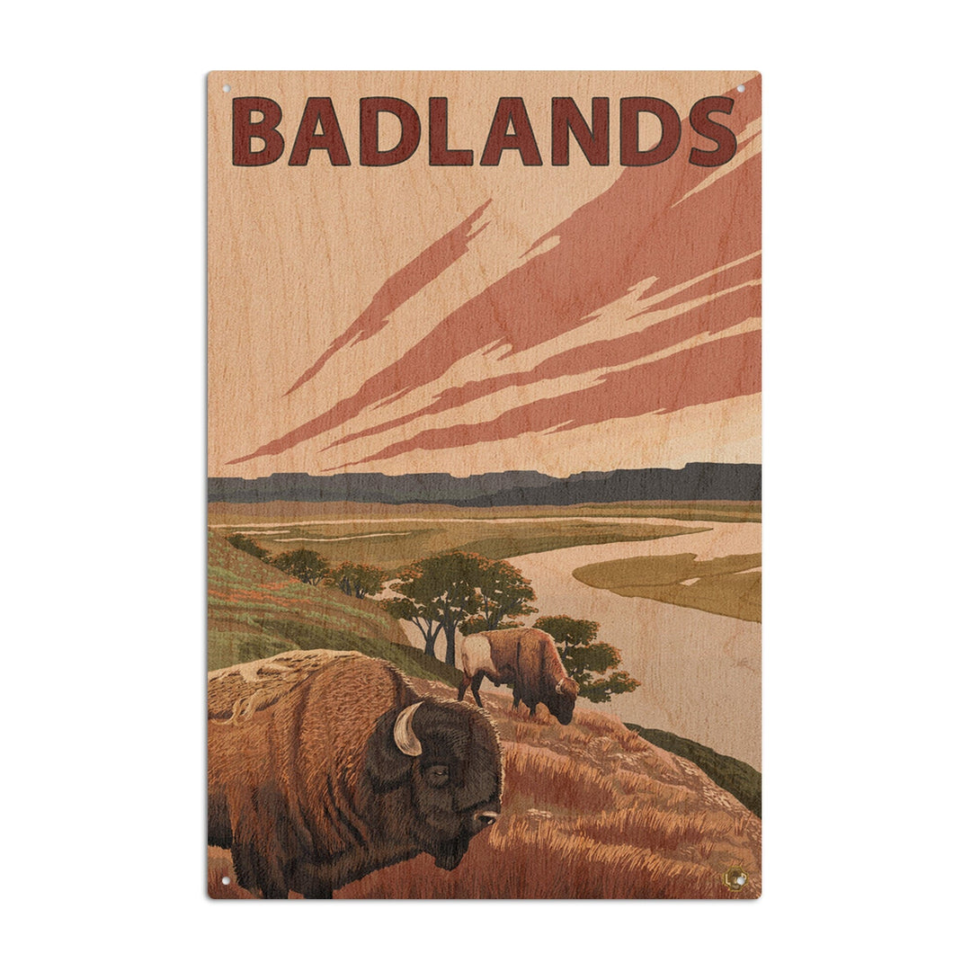 Badlands, North Dakota, Bison and Buttes, Lantern Press Artwork, Wood Signs and Postcards Wood Lantern Press 6x9 Wood Sign 