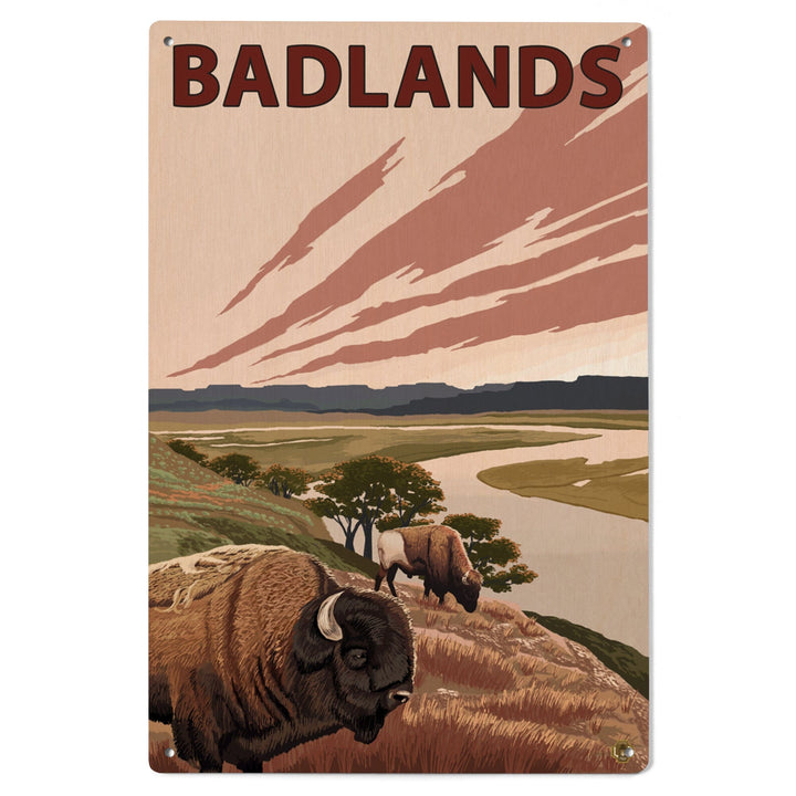 Badlands, North Dakota, Bison and Buttes, Lantern Press Artwork, Wood Signs and Postcards Wood Lantern Press 