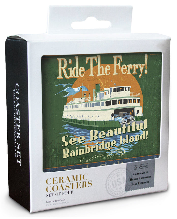 Bainbridge Island, Washington, Ferry Ride Vintage Sign, Lantern Press Artwork, Coaster Set Coasters Lantern Press 