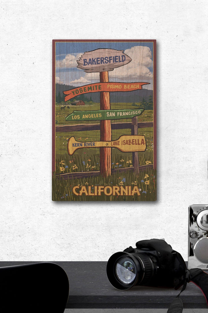 Bakersfield, California, Destination Signpost, Lantern Press Artwork, Wood Signs and Postcards Wood Lantern Press 12 x 18 Wood Gallery Print 