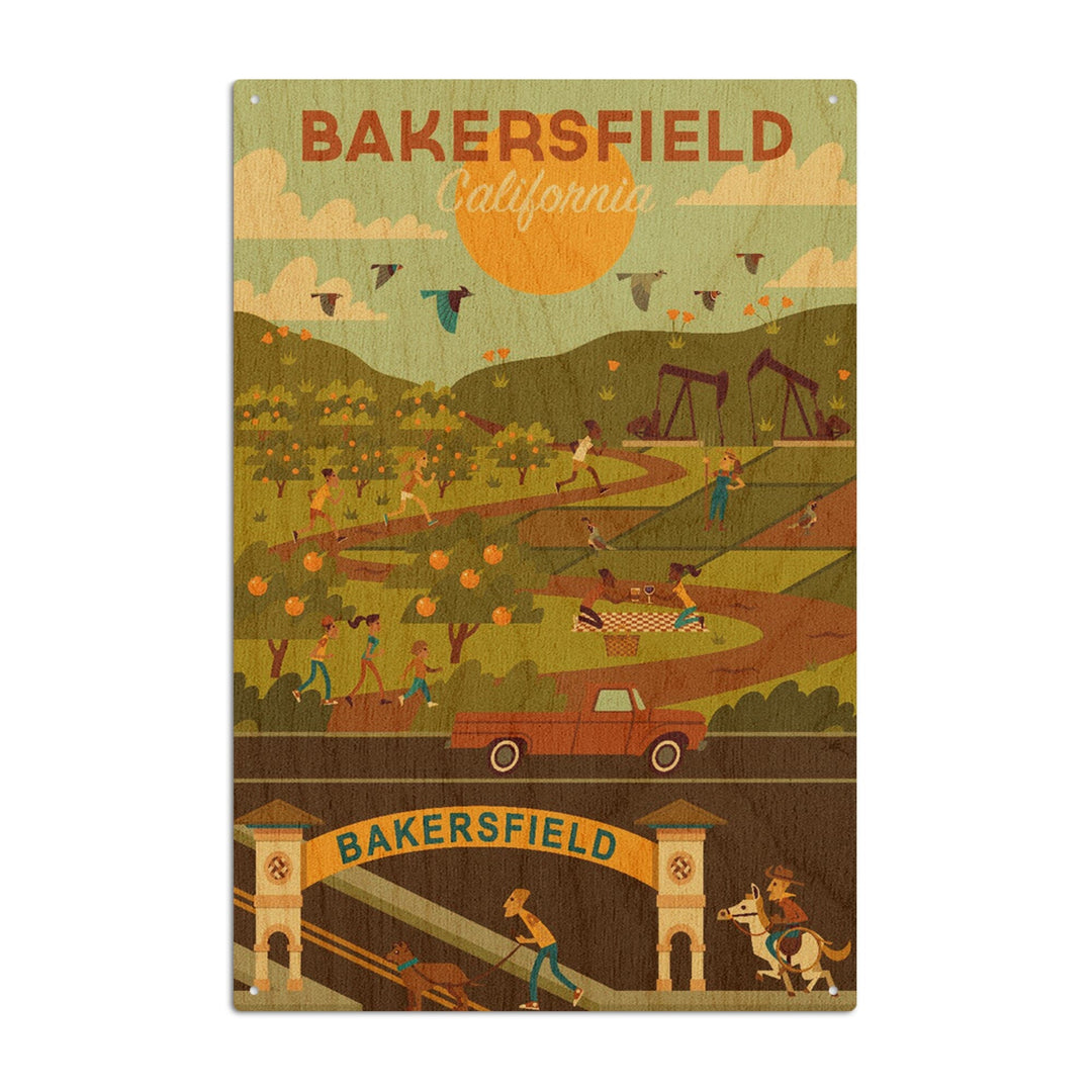Bakersfield, California, Rural Geometric, Lantern Press Artwork, Wood Signs and Postcards Wood Lantern Press 10 x 15 Wood Sign 
