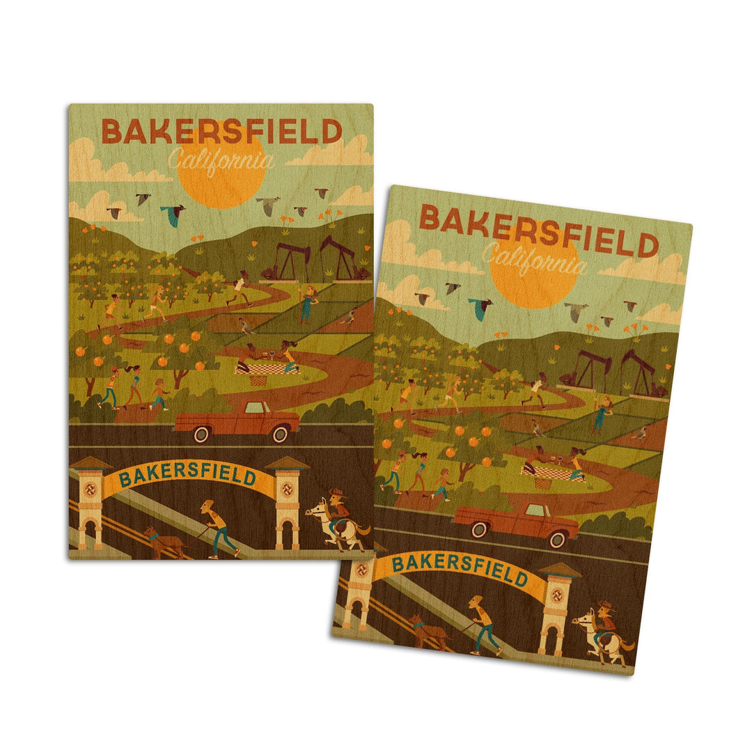 Bakersfield, California, Rural Geometric, Lantern Press Artwork, Wood Signs and Postcards Wood Lantern Press 4x6 Wood Postcard Set 