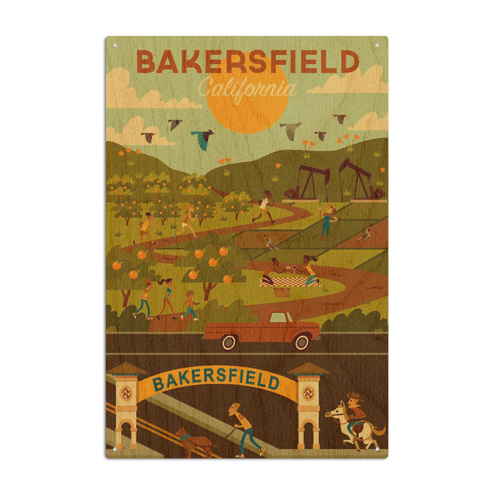 Bakersfield, California, Rural Geometric, Lantern Press Artwork, Wood Signs and Postcards Wood Lantern Press 6x9 Wood Sign 