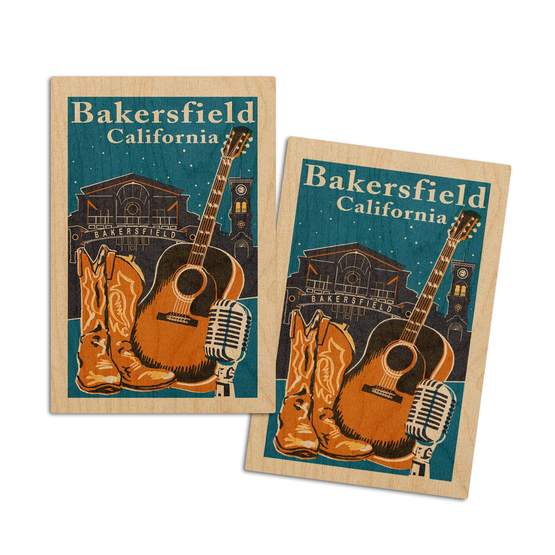Bakersfield, California, Woodblock, Lantern Press Artwork, Wood Signs and Postcards Wood Lantern Press 4x6 Wood Postcard Set 
