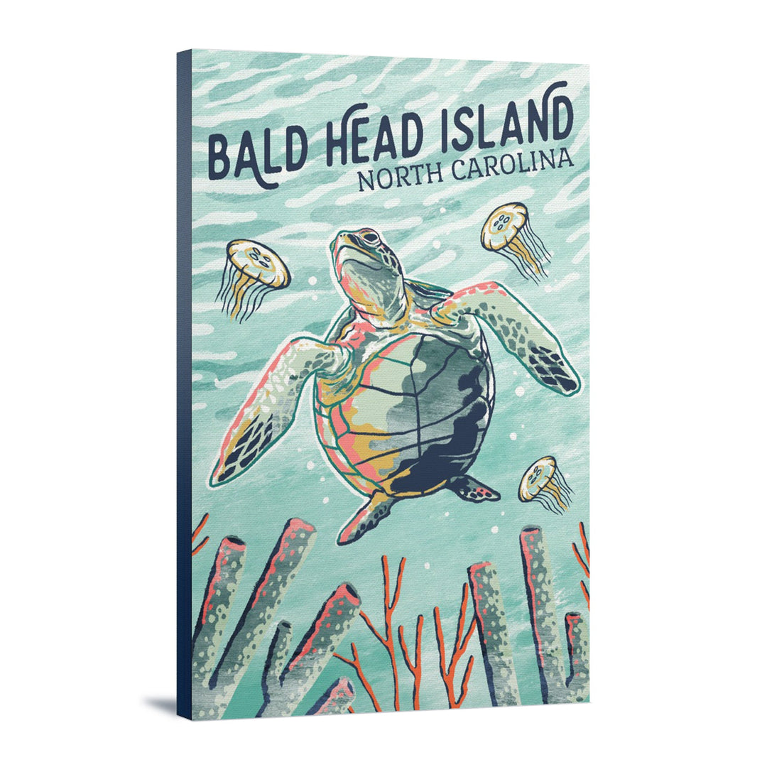 Bald Head Island, North Carolina, Graphic Pastel, Sea Turtle, Lantern Press Artwork, Stretched Canvas Canvas Lantern Press 12x18 Stretched Canvas 