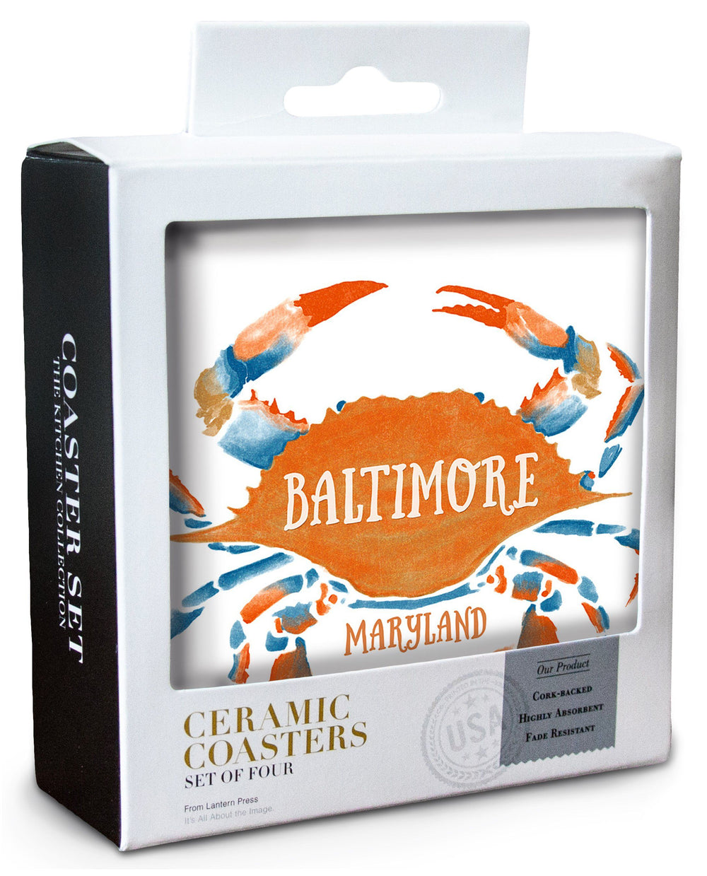 Baltimore, Maryland, Blue Crab, Blue & Orange Watercolor, Lantern Press Artwork, Coaster Set Coasters Lantern Press 