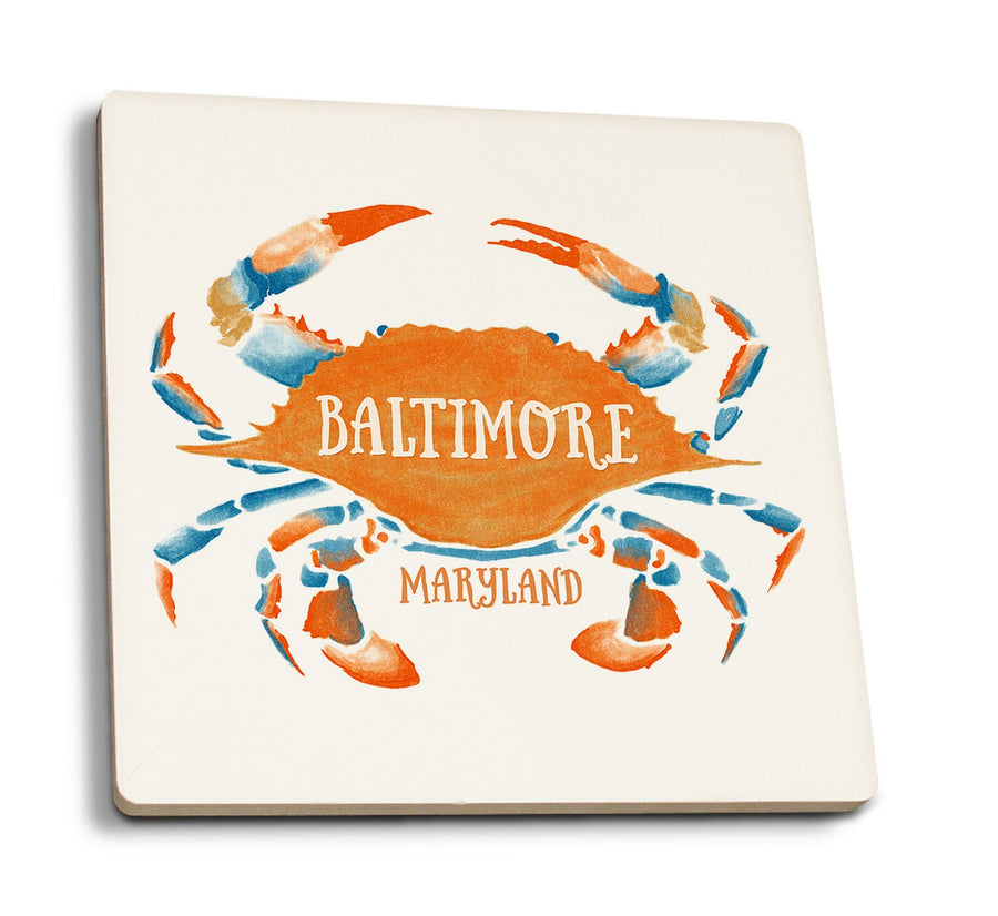 Baltimore, Maryland, Blue Crab, Blue & Orange Watercolor, Lantern Press Artwork, Coaster Set Coasters Lantern Press 