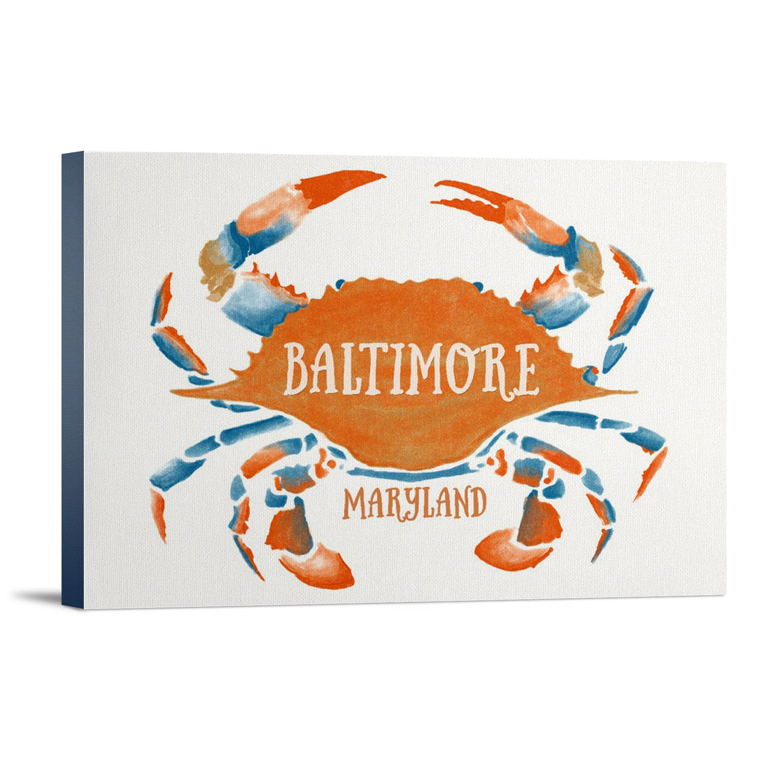 Baltimore, Maryland, Blue Crab, Blue & Orange Watercolor, Lantern Press Artwork, Stretched Canvas Canvas Lantern Press 12x18 Stretched Canvas 
