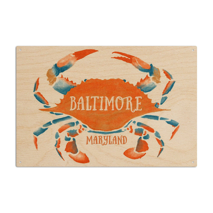 Baltimore, Maryland, Blue Crab, Blue & Orange Watercolor, Lantern Press Artwork, Wood Signs and Postcards Wood Lantern Press 10 x 15 Wood Sign 