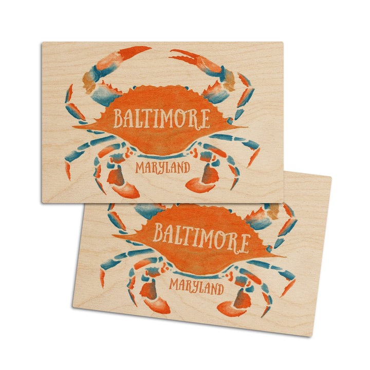 Baltimore, Maryland, Blue Crab, Blue & Orange Watercolor, Lantern Press Artwork, Wood Signs and Postcards Wood Lantern Press 4x6 Wood Postcard Set 