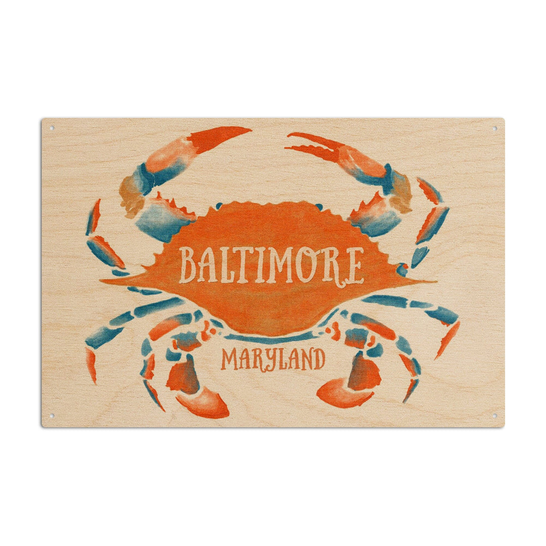 Baltimore, Maryland, Blue Crab, Blue & Orange Watercolor, Lantern Press Artwork, Wood Signs and Postcards Wood Lantern Press 6x9 Wood Sign 