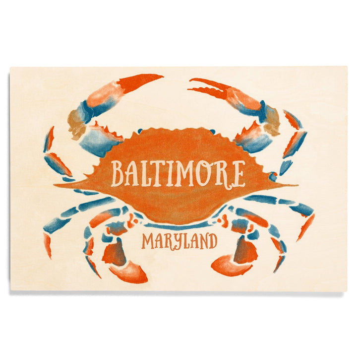 Baltimore, Maryland, Blue Crab, Blue & Orange Watercolor, Lantern Press Artwork, Wood Signs and Postcards Wood Lantern Press 