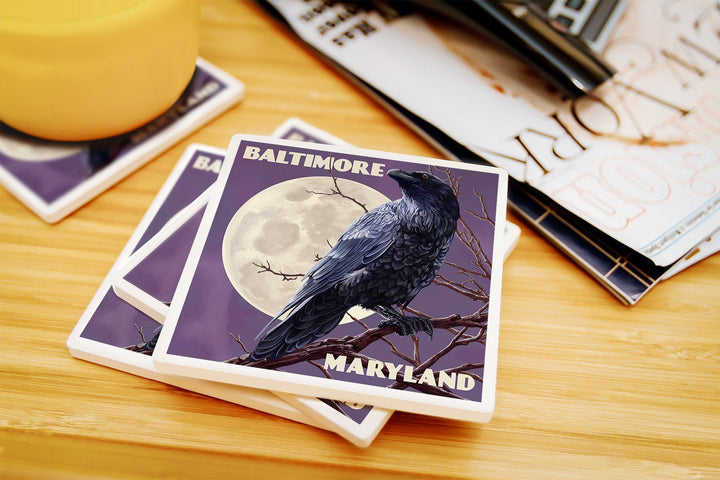 Baltimore, Maryland, Raven and Moon Purple Sky, Lantern Press Artwork, Coaster Set Coasters Lantern Press 