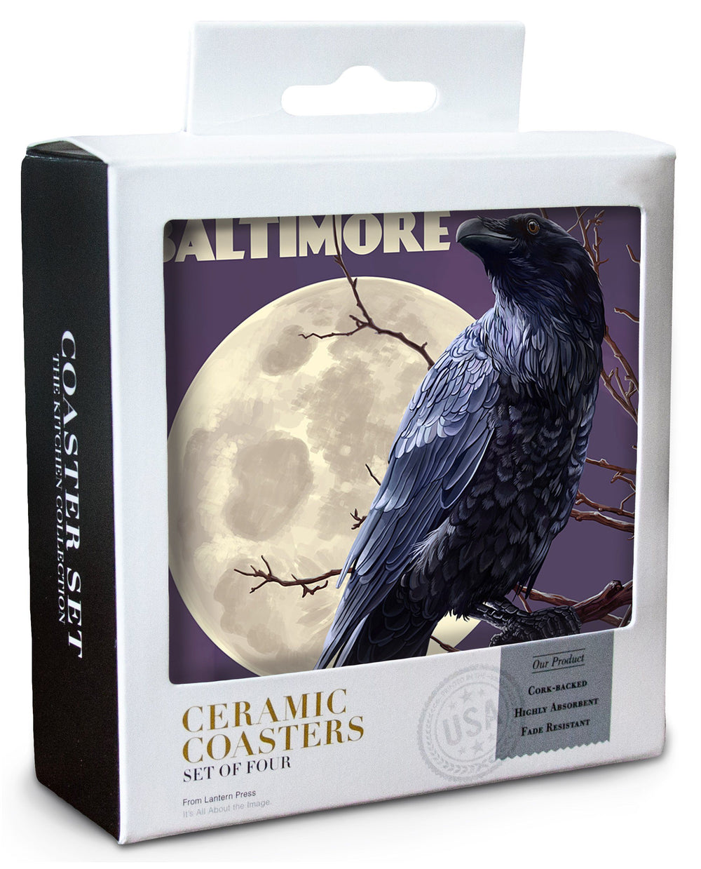 Baltimore, Maryland, Raven and Moon Purple Sky, Lantern Press Artwork, Coaster Set Coasters Lantern Press 