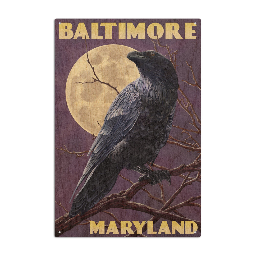 Baltimore, Maryland, Raven and Moon Purple Sky, Lantern Press Artwork, Wood Signs and Postcards Wood Lantern Press 10 x 15 Wood Sign 