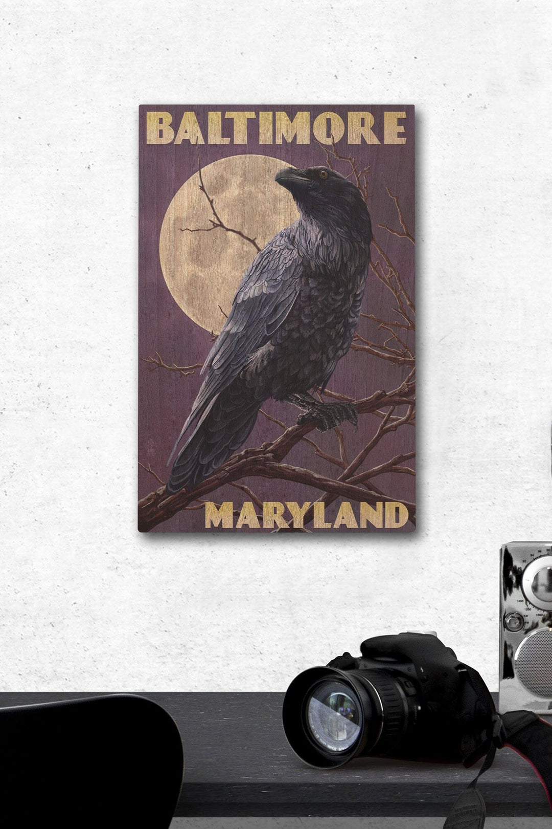 Baltimore, Maryland, Raven and Moon Purple Sky, Lantern Press Artwork, Wood Signs and Postcards Wood Lantern Press 12 x 18 Wood Gallery Print 