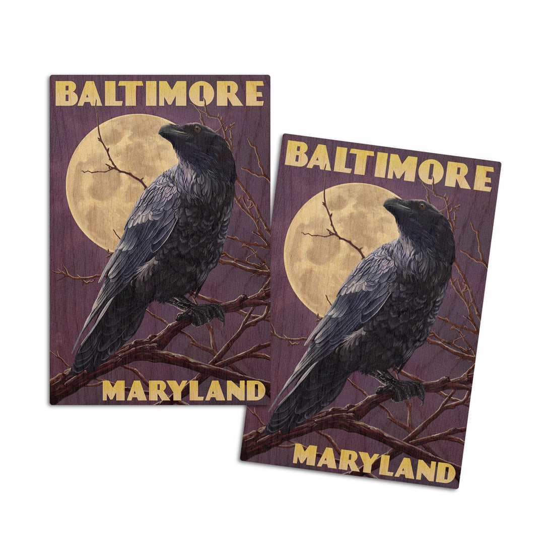 Baltimore, Maryland, Raven and Moon Purple Sky, Lantern Press Artwork, Wood Signs and Postcards Wood Lantern Press 4x6 Wood Postcard Set 