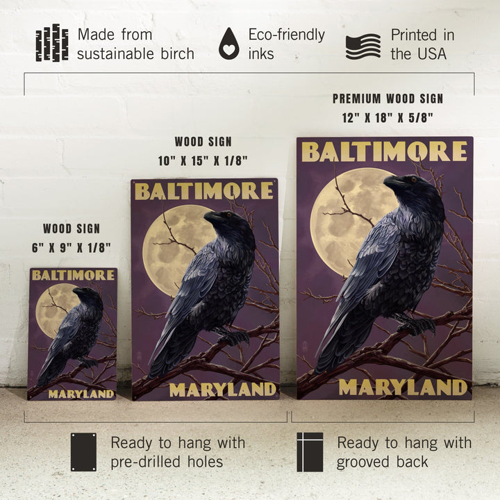 Baltimore, Maryland, Raven and Moon Purple Sky, Lantern Press Artwork, Wood Signs and Postcards Wood Lantern Press 
