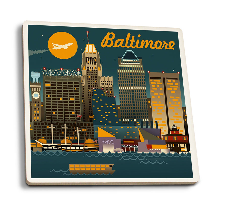Baltimore, Maryland, Retro Skyline, Lantern Press Artwork, Coaster Set Coasters Lantern Press 