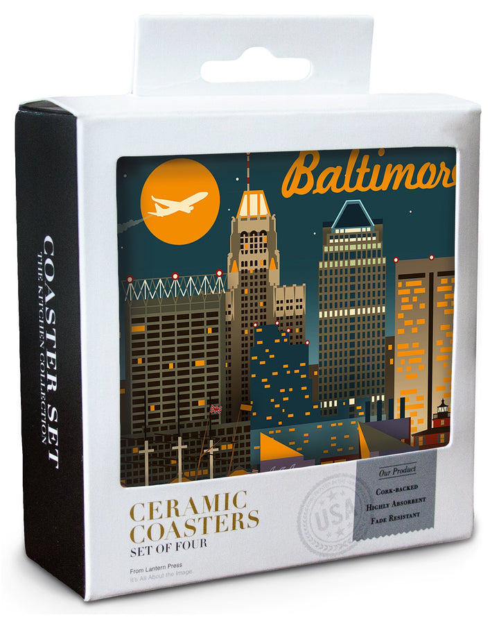 Baltimore, Maryland, Retro Skyline, Lantern Press Artwork, Coaster Set Coasters Lantern Press 