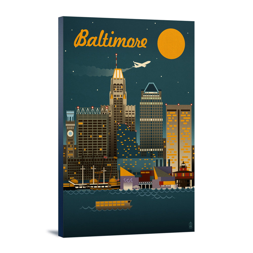Baltimore, Maryland, Retro Skyline, Lantern Press Artwork, Stretched Canvas Canvas Lantern Press 12x18 Stretched Canvas 
