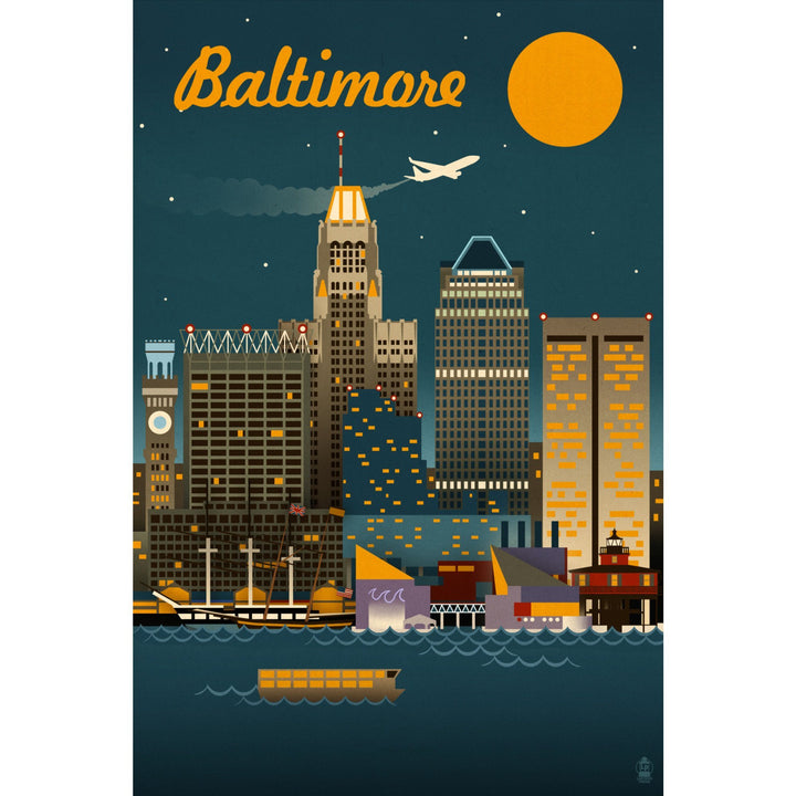 Baltimore, Maryland, Retro Skyline, Lantern Press Artwork, Towels and Aprons Kitchen Lantern Press 