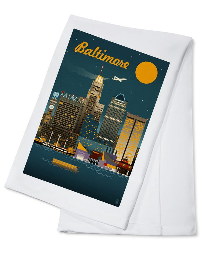 Baltimore, Maryland, Retro Skyline, Lantern Press Artwork, Towels and Aprons Kitchen Lantern Press Cotton Towel 